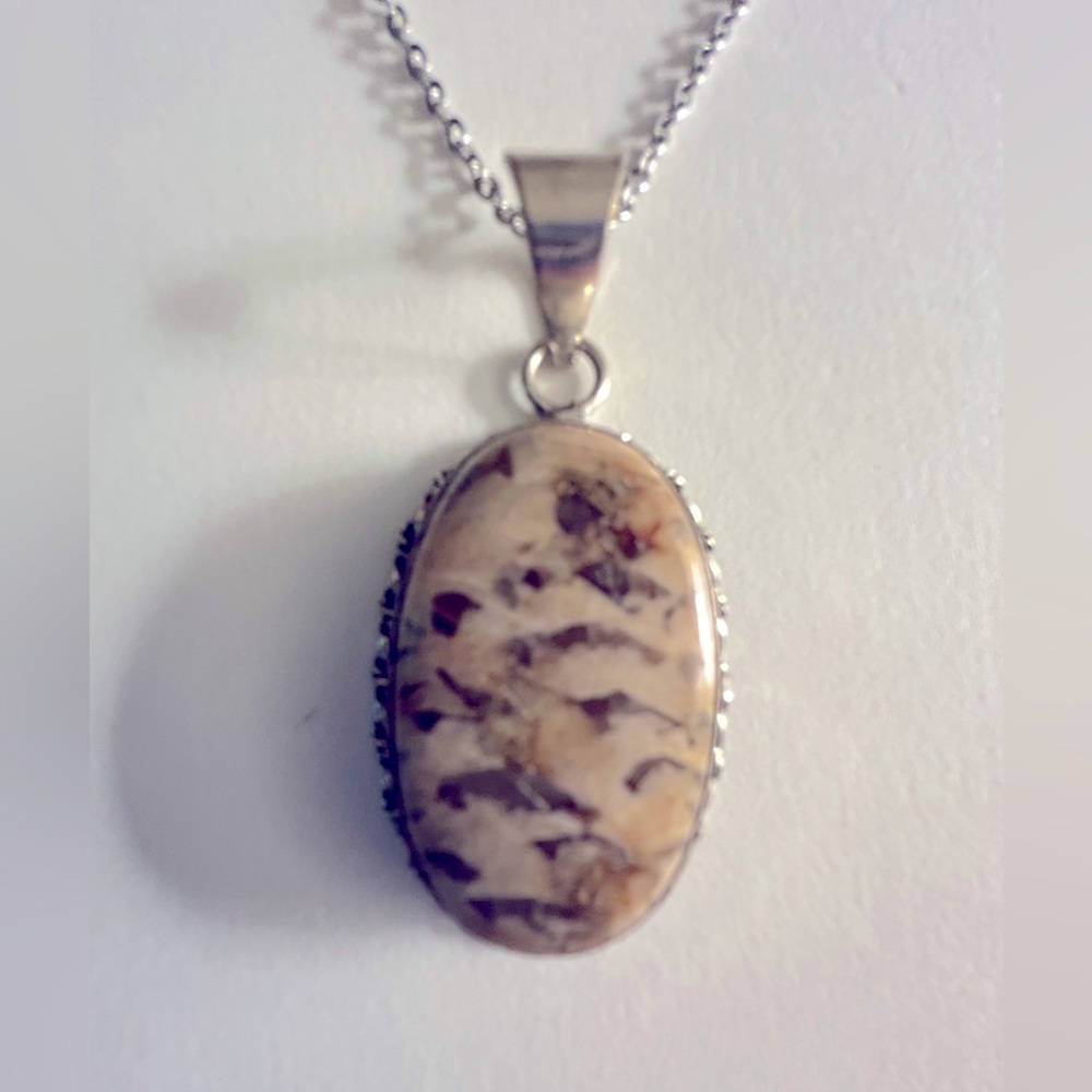 NWOT necklace Imperial Jasper Stone 2” Pendant .925 Silverplate 22” Silver Chain